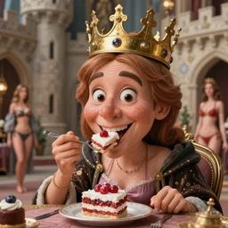 cartoon closeup medieval robert crumb face portrait of a fairytale princess wearing a crown eating cakes in the castle, bikini, depth of field, zeiss lens, detailed and intricate environment, fashion photoshoot by nicoletta ceccoli, mark ryden, lostfish, breathtaking, 8 k resolution, extremely detailed, beautiful, establishing shot, artistic, hyperrealistic, octane render