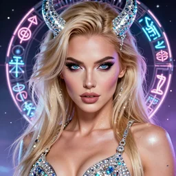 beautiful blonde female demon fitness model, veins, perfect eyes, detailed face, comic cover art, magic, technology, sigils, leds, shimmer, diamonds dust, rhinestones, cyberpunk,