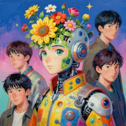 surreal gouache painting, by yoshitaka amano, by ruan jia, by conrad roset, by kilian eng, by good smile company, detailed anime 3 d render of a mechanical android head with flowers growing out, portrait, cgsociety, artstation, modular patterned mechanical costume and headpiece, retrowave atmosphere