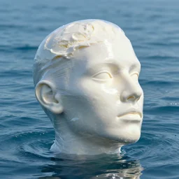 a modern sculpture of a squashed human head with ice cream spread on it wrapped in cling film, on ocean water, in the style of nick kaloterakis, cg render, ray tracing, 8 k resolution, sharp