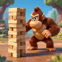 donkey Kong playing jenga, concept art, realistic, well detailed, 8k