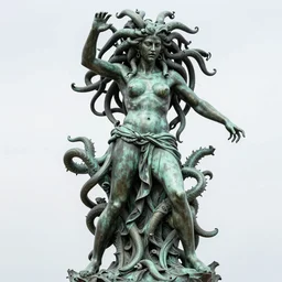 full body bronze sculpture of medusa, in the style of michelangelo, very long hair, sharp facial features, angry, professional photography, dynamic and dominant