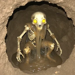 creaturemade of translucent brown sludge full of animal bones, it has glowing yellow eyes, found in a cave made of clay, found footage, unsettling, flash photography, sludge, slime, gruel, grime,