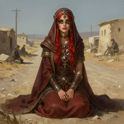 a full body portrait of a beautiful post apocalyptic offworld rogues quarter bedouin blind pulp fiction scarlet wild rogue barbarian leper begging by the roadside, intricate, elegant, highly detailed, digital painting, artstation, concept art, smooth, sharp focus, illustration, art by krenz cushart and artem demura and alphonse mucha