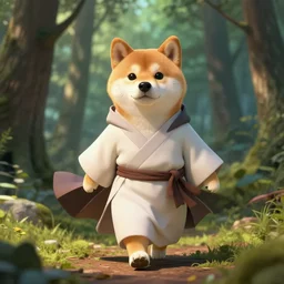 anthropomorphic shiba inu mage travels through a forest, cinematic lighting, Fantasy Art