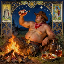 a dramatic, epic, ethereal painting of a !!!handsome!!! thicc chunky beefy mischievous shirtless rugged with a big beer belly wearing a large belt and bandana offering a whiskey bottle | he is a cowboy relaxing by a campfire | background is a late night with food and jugs of whisky | homoerotic | stars, tarot card, art deco, art nouveau, mosaic, intricate | by Mark Maggiori (((and Alphonse Mucha))) | trending on artstation
