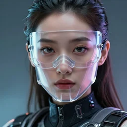 woman close up face portrait, wearing transparent glass mask, cyberpunk techwear streetwear clothes, chrometype aesthetics, highly detailed, by andrew chiampo, beeple, artstation, and frederik heyman, extremely detailed woman, stunning volumetric lighting, hyper realism, fantasy, intricate