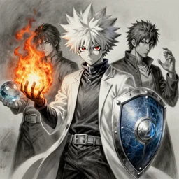 portrait portrait portrait of Killua Zoldyck Mage doctor wearing a fireball in his right hand whilst wearing a waterball in his left hand whilst wearing a Shield of Omnipotence greg rutkowski peter mohrbacher anato finnstark marc simonetti Grisaille Realism
