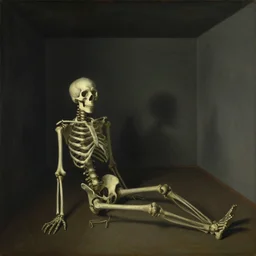 skeleton inside an opium den. by arnold bocklin, herbert james draper. oil on wood 1 9 0 0. intricate details. minimalist. ambient lighting. liminal space. vacant room. interior shrouded. shadows dancing in the background haunting gloomy atmosphere.