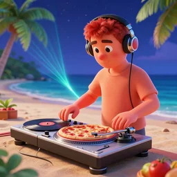 a tomato dj with headphones working the turntable on a tropical beach, pizza for records on the turntable, laser show, night sky, 3 d render, extremely high resolution, octane render, trending on artstation, by pixar