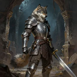 a wolf fursona anthro thief wearing medieval guard armor is exploring the grimdark dungeon depths holding a steel greatsword. top trending on artstation pixiv furaffinity. a vibrant digital oil painting. a highly detailed fantasy character illustration by wayne reynolds and charles monet and gustave dore and carl critchlow and bram sels