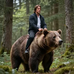 photo of chuck norris riding his grizzly bear, in the forest. fantasy magic style. highly detailed 8 k. intricate. life - like. soft light. sony a 7 r iv 5 5 mm.