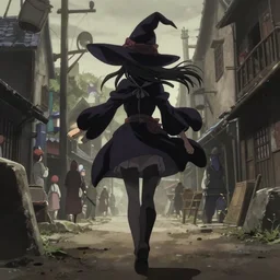 key anime visual portrait of a young female witch walking through a busy fantasy village, ilya kuvshinov, dynamic pose, dynamic perspective, cinematic, dramatic lighting, muted colors, detailed silhouette, textured, anime proportions, kyoto animation, haibane renmei, niea _ 7, yoh yoshinari