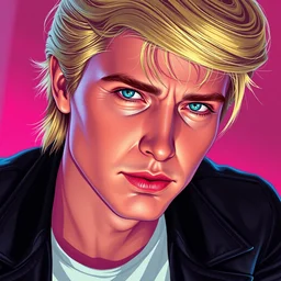 closeup portrait of pinup synthwave 8 0 s gorgeous confident young donald trump, babs tarr, aly fell, varga, loish, rhads, beeple, gta v, makoto shinkai, lois van baarle, blade runner!, ilya kuvshinov, rossdraws, tom bagshaw, digital art, greg rutkowski,