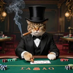 cat wearing a top hat and suit, smoking a cigar, inside a casino playing poker, hieronymus bosch, mark brooks