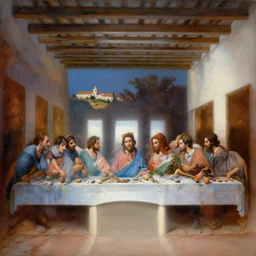 the last supper, at a rustic portuguese house, with typical algarve landscape in the back, sunny morning, matte painting, oil canvas, photorealistic illustration, extreme detail, hyper realistic, highly detailed, digital art