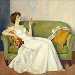 european woman in a gown laying on couch smoking cigarette, bloom flowers, modern, eclectic, illustration, by ramon casas