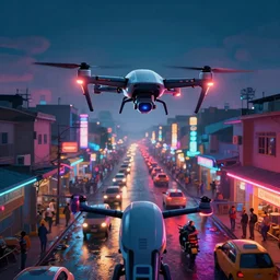 3 d vfx art of flying drones above - a neon lit - bustling wet ajegunle street - in nigeria, cinestill 8 0 0 t photograph, unreal engine render, digital illustration, illustration style by mike winkelmann, sharp, intricate detail, volumetric light, ray tracing, soft light, colourful, surreal environment, first person view,
