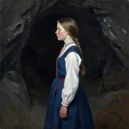 greg manchess portrait painting of young norwegian girl in traditional bunad costume in a dark cave, medium shot, asymmetrical, profile picture, organic painting, dark moody, matte painting, bold shapes, hard edges, expressive, trending on artstation, by huang guangjian and gil elvgren and sachin teng and theodor kittelsenn