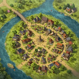 full - color fantasy floor plan of a bustling merchant village with a bridge over a river to the north, d & d, pathfinder, by jeff todd and greg rutkowski, trending on artstation, pinterest