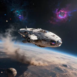 deep space alien spacecraft landing on an alien planet surface, dust, particles, highly detailed, intricate, by Raphael Lacoste, Eddie Mendoza, Alex Ross, bokeh on background of neon outer space nebulas by Pilar Gogar, concept art, matte painting, 8K HDR