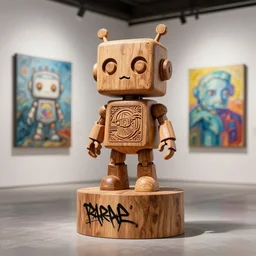 3 d octane render ultra photo realistic, wood carving cute robot roman graffiti wooden piedestal cyberpunk contemporary art gallery
