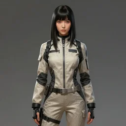 Portrait of a woman by Greg Rutkowski, she is about 30 years old, mixture between korean, indian and arabian, pretty, black straigh hair with bangs, attractive, tall and slim, she is wearing beigen and black utilitarian jumpsuit, highly detailed portrait, scifi, digital painting, artstation, concept art, smooth, sharp foccus ilustration, Artstation HQ