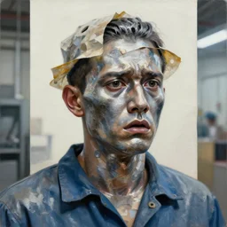 the frightened face factory worker, liquid metal, paper texture, hyperrealistic painting, figurative art, multiple exposure, poster art