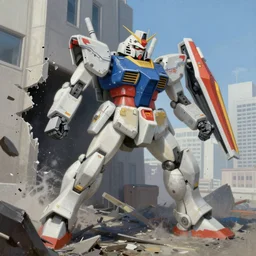 a beautiful painting of a large battle mech crashing through a building in tokyo while engaging a gundam by moebius