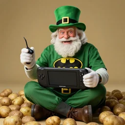 old leprechaun wearing a'batman t - shirt'sits with crossed legs on a pile of potatoes and plays happily with his large hand held game console that is called'steam deck ', photograph