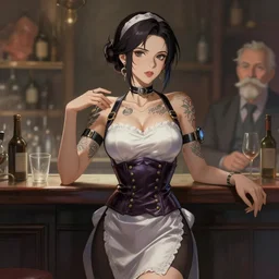portrait of a cyberpunk tattooed barmaid, artstation, elegant, highly detailed, digital painting, concept art, smooth, sharp focus, illustration, art by studio ghibli, fujita goro, atey ghailan, tom whalen, jean giraud 8 k