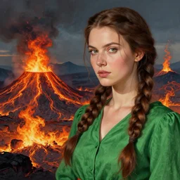 woman with braided brown hair, wearing a green blouse, highly detailed, intricate, in the style of ilya kuvshinov and wlop, blazing infero, volcano landscape