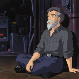 awe-inspiring 1980s Japanese cyberpunk style illustration of a grandfather with a beard sitting on the floor by Masamune Shiro and Katsuhiro Otomo, studio ghibli color scheme, dark, complex
