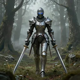 a matte painting of a female knight with glowing blue eyes wearing battle worn mechanical armor wielding twin swords walking through the forest plains of north yorkshire, misty forest, apex legends armor, good value control, concept art, digital painting, sharp focus, symmetrical, segmented armor, single character full body, 4k, illustration, rule of thirds, sci-fi, elden ring, centered, moody colors, moody lighting, atmospheric