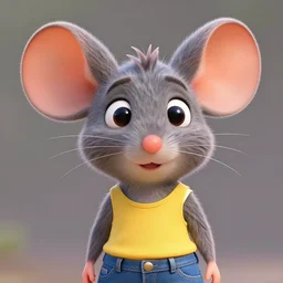 3 d render, portrait, headshot, closeup, anthropomorphic mouse, female, wearing denim short shorts and a off yellow tank top, in the style of zootopia, closeup