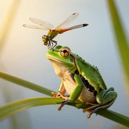 green - eyed frog, eating dragonflies in the sky, sunny day, golden hour,