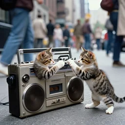 A color photo of kittens beatboxing with a large boombox at a street, New York city, 1973. High quality, high resolution