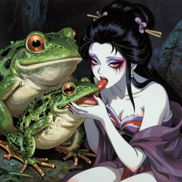 beautiful scary godlike fairy in the anime style of Junji Ito , eating a frog violently , being chased by a giant frog , petite , upper body , epic , traditional makeup , gorgeous features ,Perfect pixel art, Post-processing , Greg rutkowski legendary matte painting , masterpiece