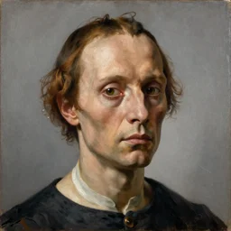 a portrait a very unordinary person, by Rogier van der Weyden, not facing front, oil painting, anatomically incorrect, hideous imperfect face, sharp focus, Highly Detailed, Cinematic Lighting, 8k, HD