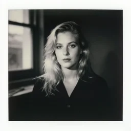 dark old portrait of an attractive blonde girl, there is a few sun rays, there is a window in the background, pictorialism, award winning, black and white, old polaroid