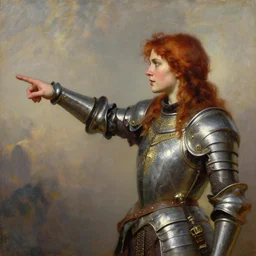 beautiful female warrior, half body portrait, ginger hair, ornate armour, hand outstretched and pointing to the distance, realistic oil painting by Thomas Cole and Wayne Barlowe