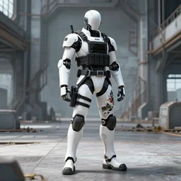 cyborg with white and black ancestral ornate japanese tactical gear standing in an abandoned futuristic factory, long shot, by irving penn and storm thorgerson, madhouse studios, ren heng, peter elson, alvar aalto, makoto shinkai