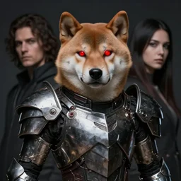the wolf brigade armor jin roh armor, metal anthropomorphic shiba inu, science fiction, red glowing eyes, dark, portrait by artgerm and greg rutkowski and magali villeneuve, realistic face