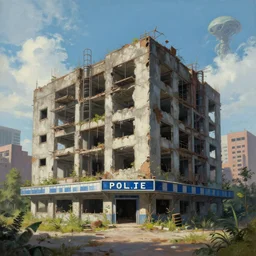 a beautiful photorealistic painting of building urbex industrial architecture unfinished building abandoned architecture police station city nature by renzo piano, bladerunner 2 0 4 9 universe extraterrestial at summer, archdaily, wallpaper, highly detailed, trending on artstation.