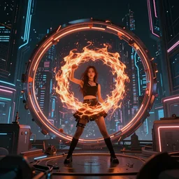 a girl like yoona, casting fire spell, background cyberpunk city, full shot, photo, geometries, fibonacci volumetric lighting, epic composition, intricate details, dark neon punk, by KDA