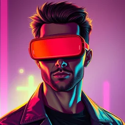 portrait of synthwave 8 0 s handsome confident max headroom wearing vr glasses, retrowave, digital art, greg rutkowski, loish, rhads, beeple, makoto shinkai and lois van baarle, frank miller, ilya kuvshinov, rossdraws, tom bagshaw, glamour pose, alphonse mucha