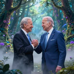 joe biden fighting climate change deep in a magical forest filled with volumetric fog beautiful stunning portrait soft glow by wayne barlowe blue green purple color palette very detailed clear focus