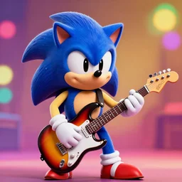 A colorful studio portrait of Sonic the Hedgehog playing electric guitar in the style of a zany comedy movie; bokeh, 90mm, f/1.4