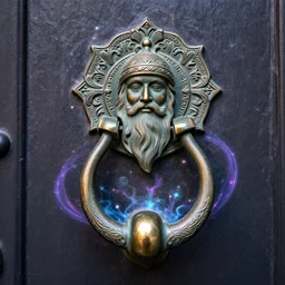 a highly intricate ornamental door knocker on a door for the sandman who is in a dreamworld with magical effects