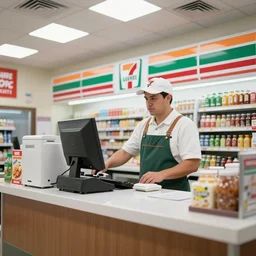 Vision by Marvel Comics working as a 7/11 cashier, wide wide shot, very detailed, beautiful lighting